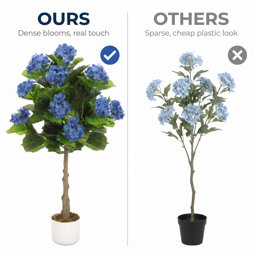 Artificial Hydrangea Tree, 3.1 FT Faux Hydrangea Plant in Pot with 9 Lifelike Blue Flowers, Fake Potted Flower Trees