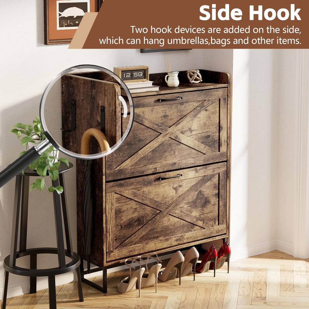 Shoe Storage Cabinet with 2 Flip Drawers, Freestanding Organizer with Metal Legs, Narrow Shoe Rack Cabinet, Rustic
