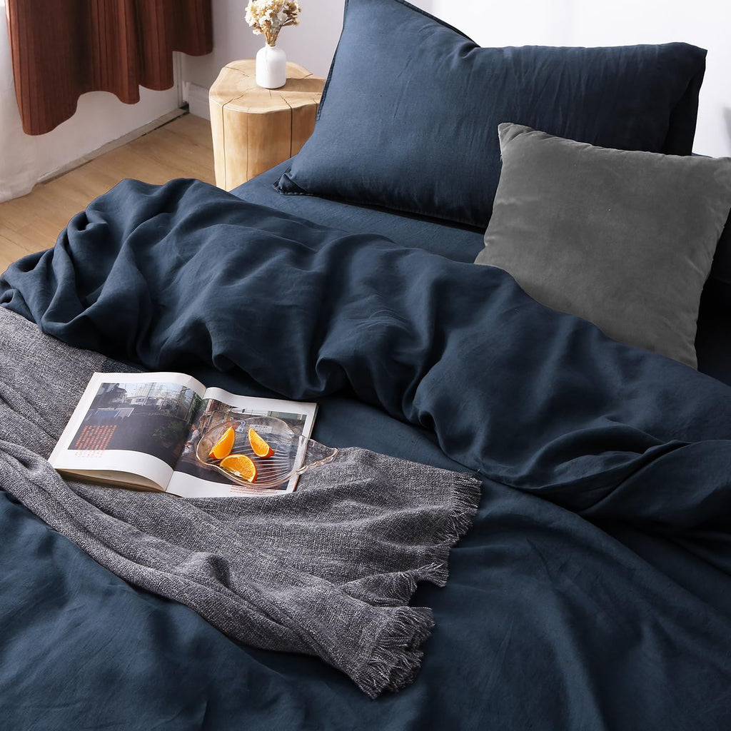 100% Organic Linen Duvet Cover Set, Stonewashed French Flax Bedding Set 3pcs, 1 Comforter Cover+2