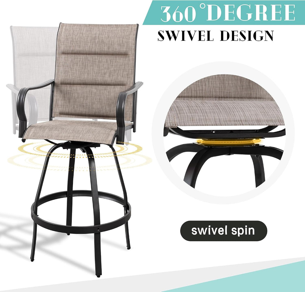 3 Piece Patio Swivel Bar Set, All Weather Mental Textilene High Swivel Bar Stools Chair Set of 2 and Glass Bar Table