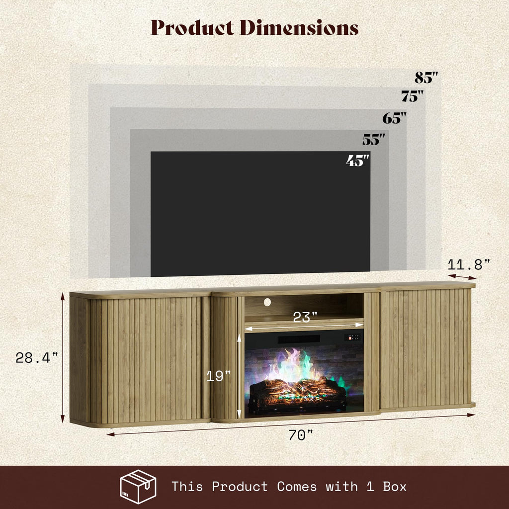 70" Fluted Electric Fireplace TV Stand, Mid Century Modern, Oak