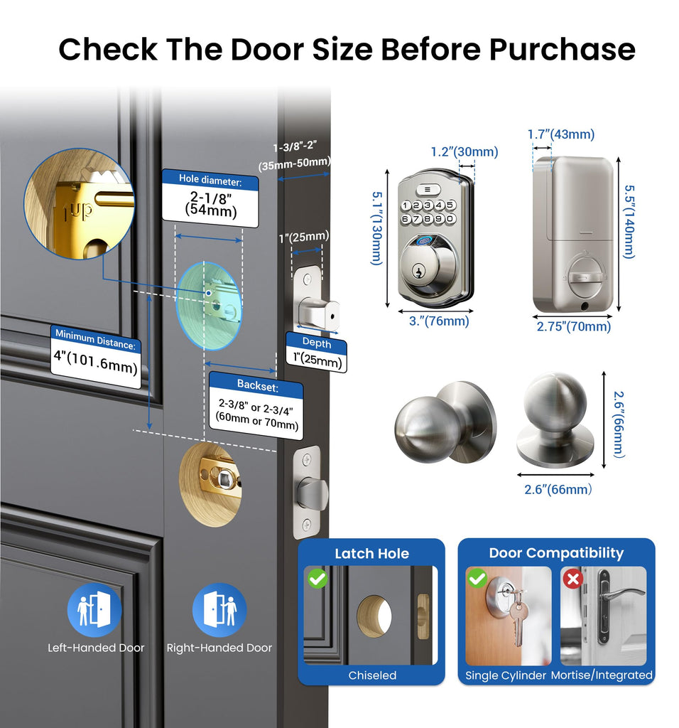 KS02C Fingerprint Deadbolt Door Lock with Knob Set, Satin Nickel