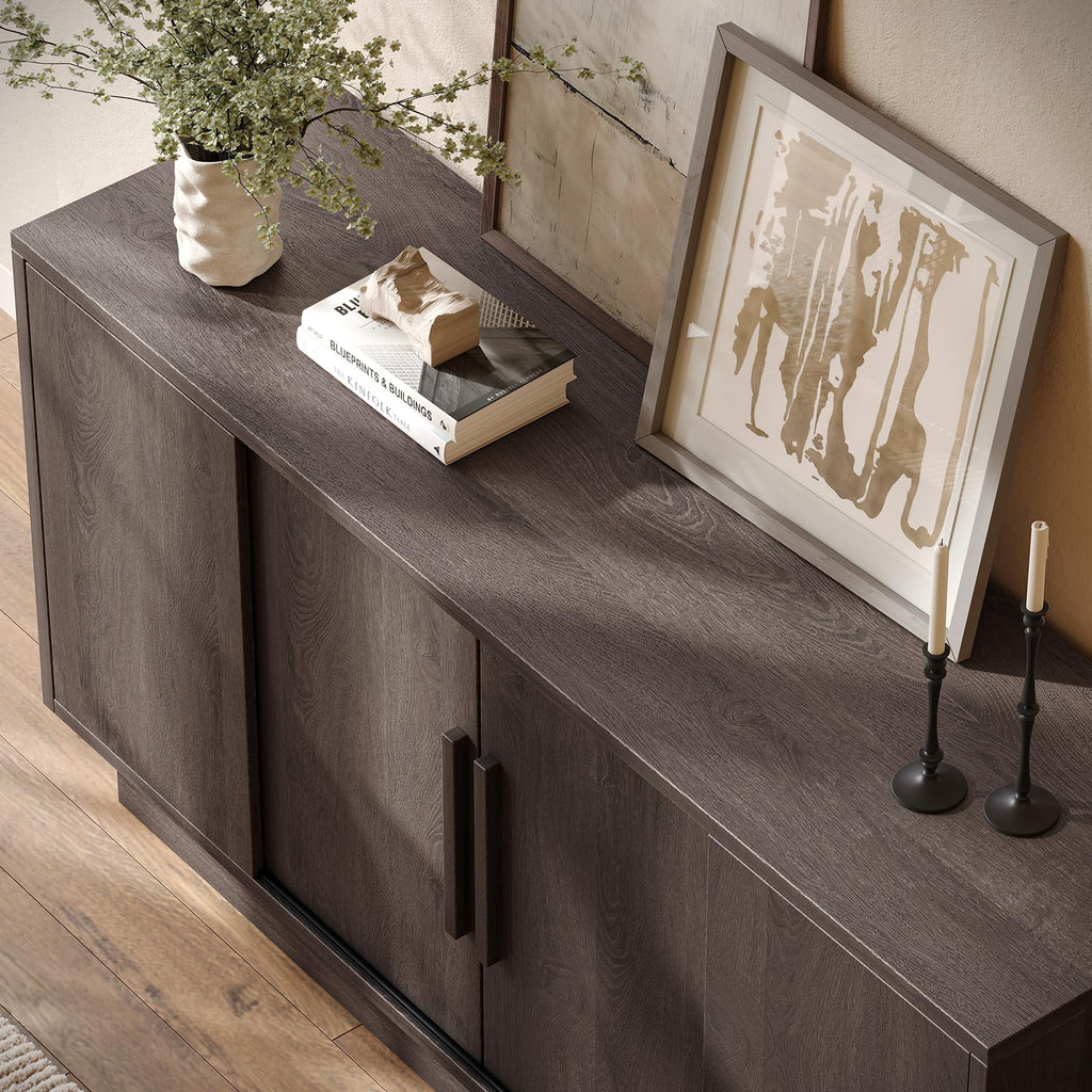 63'' Sideboard Buffet Cabinet with 4 Sliding Doors, Wood Credenza Storage Cabinet with Pedestal Base, Large Side