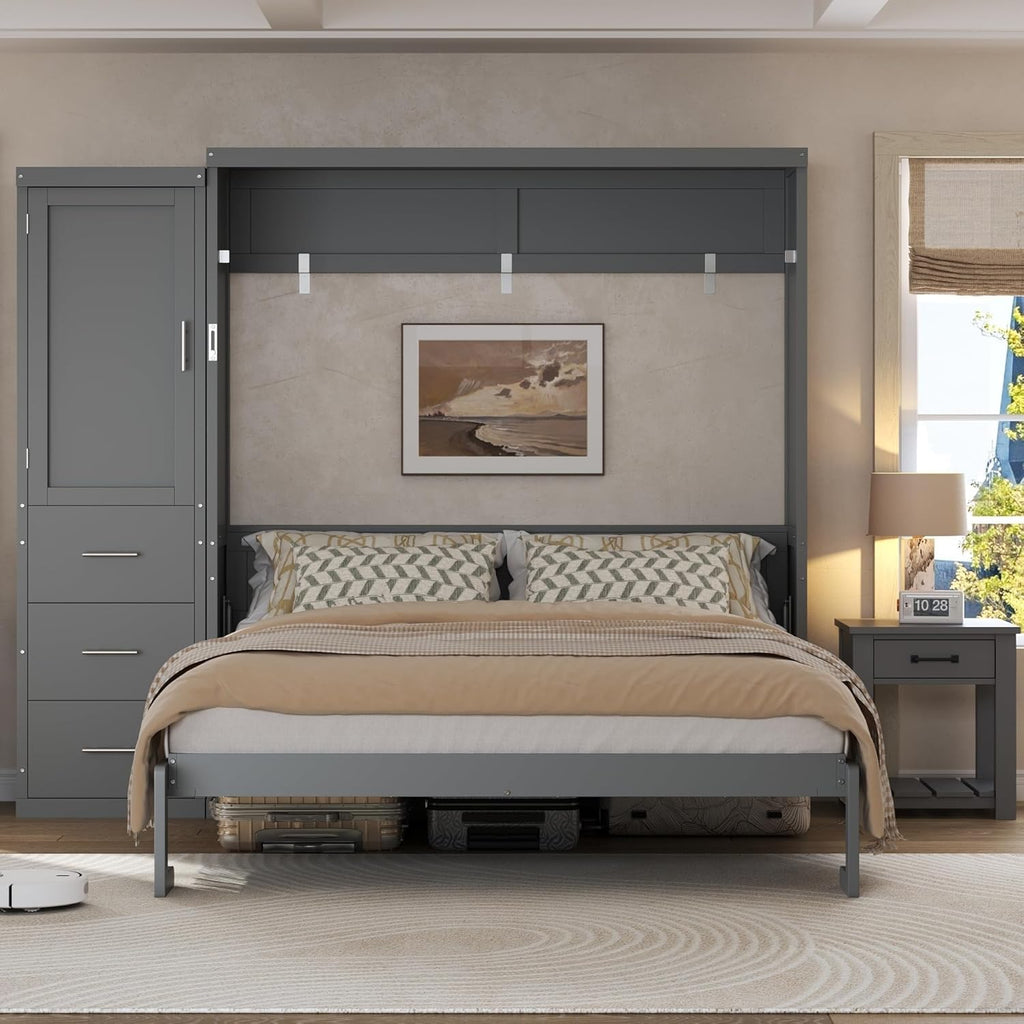Queen Murphy Bed with Storage Wardrobe and Drawers,Solid Wood Farmhouse Murphy Wall Bed Cabinet with Drawers for
