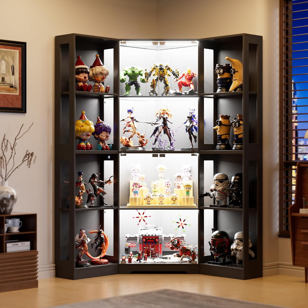 Corner Display Curio Cabinet with Glass Doors,65" Lighted Collectibles Showcase with 3 Color LED Lights,4-Tier