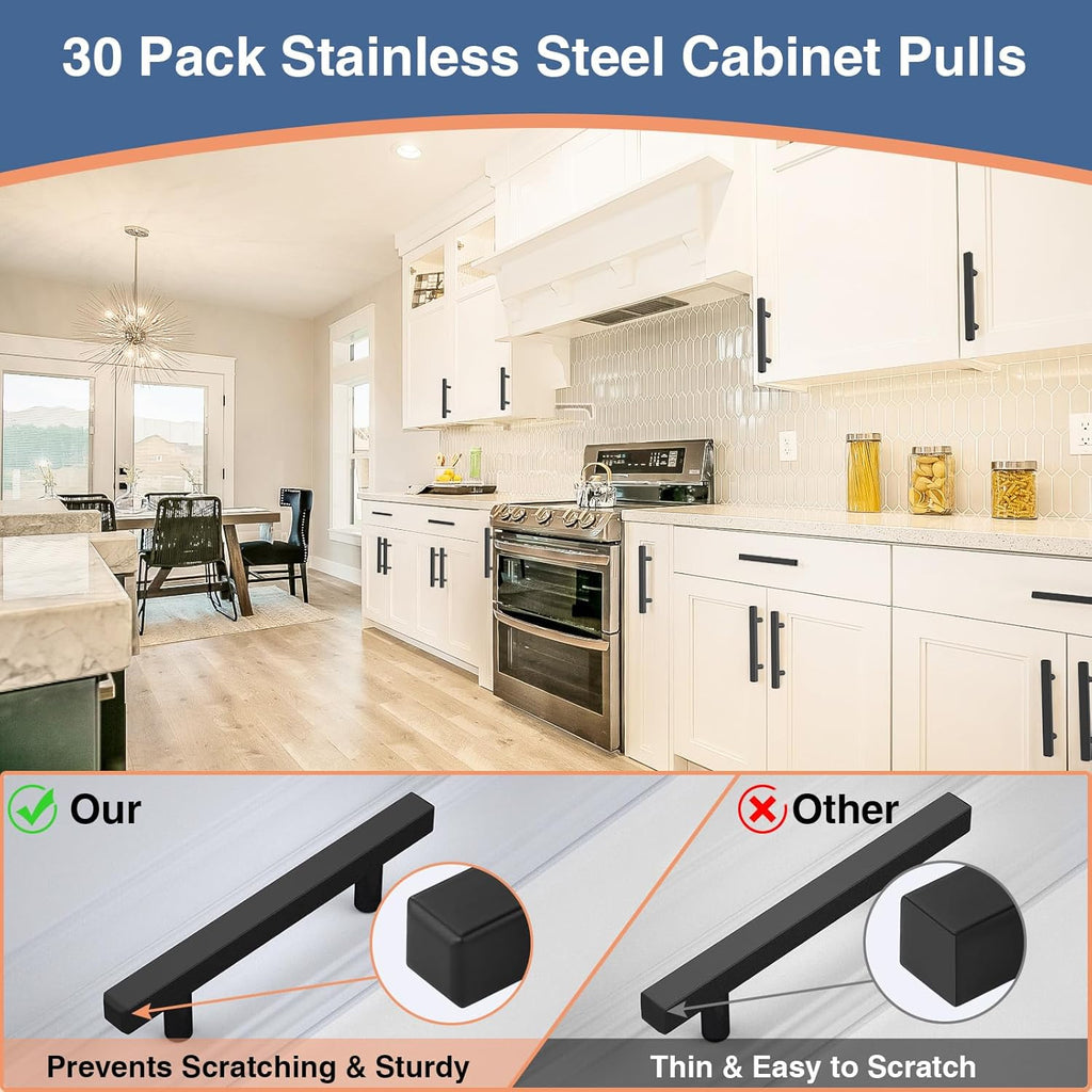 30 Pack 6 inch Square Cabinet Handles Matte Black Drawer Pulls, 3-3/4" Hole Center Kitchen Handles Pulls, Stainless