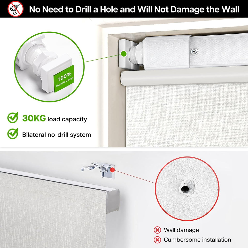 No Drill TDBU Roman Shades, Blackout - White, 34" W x 64" H | No Tools Top Down Bottom Up Cordless Fabric Blinds for