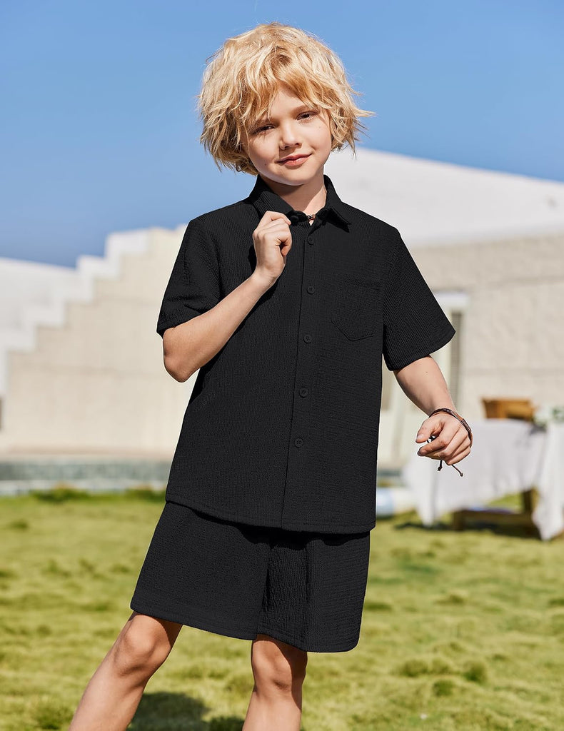 Boys 2 Pieces Summer Outfits Short Sleeve Button Down Shirts and Shorts Sets for Kids Vacation Beach Wear