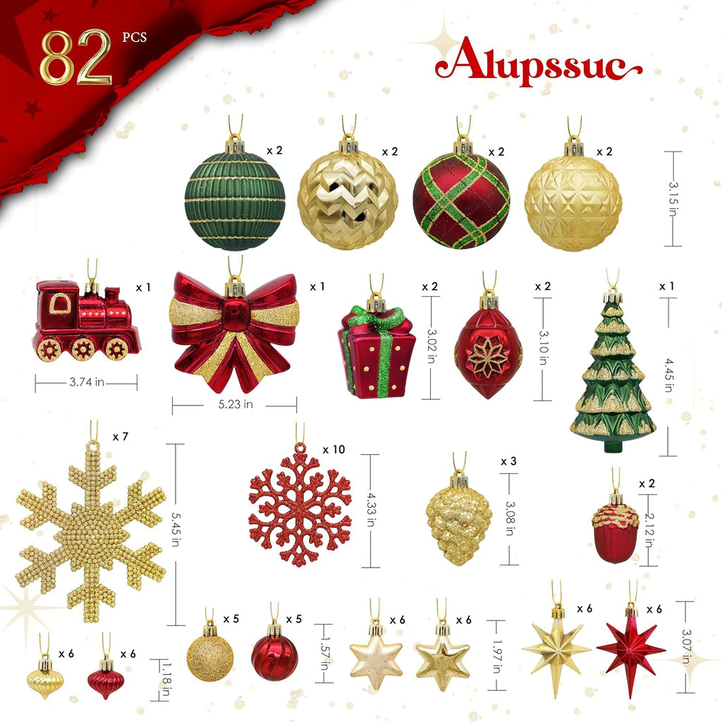 Classic Christmas Balls Ornaments Set, Red, Green and Gold - Set of 82