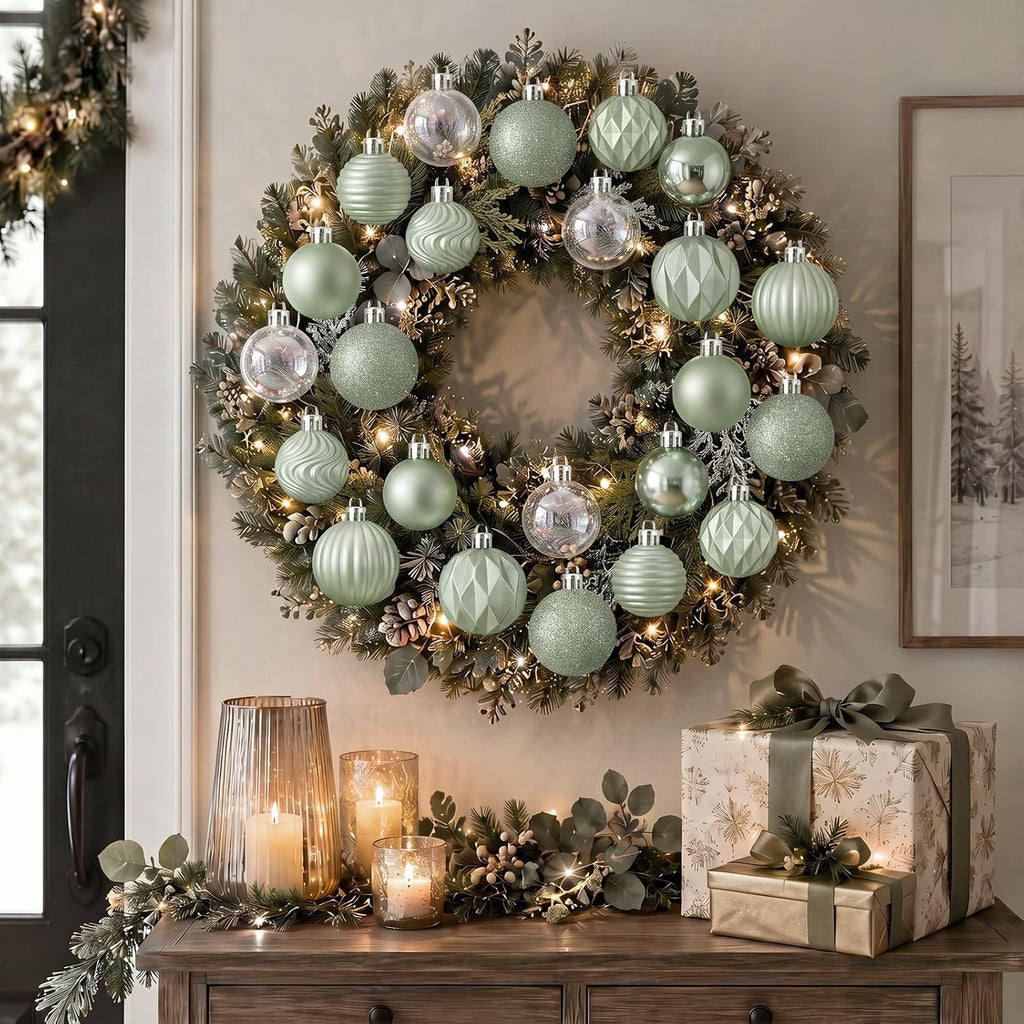 Sage Green Christmas Ornaments Iridescent White Xmas Bulbs - Set of 64