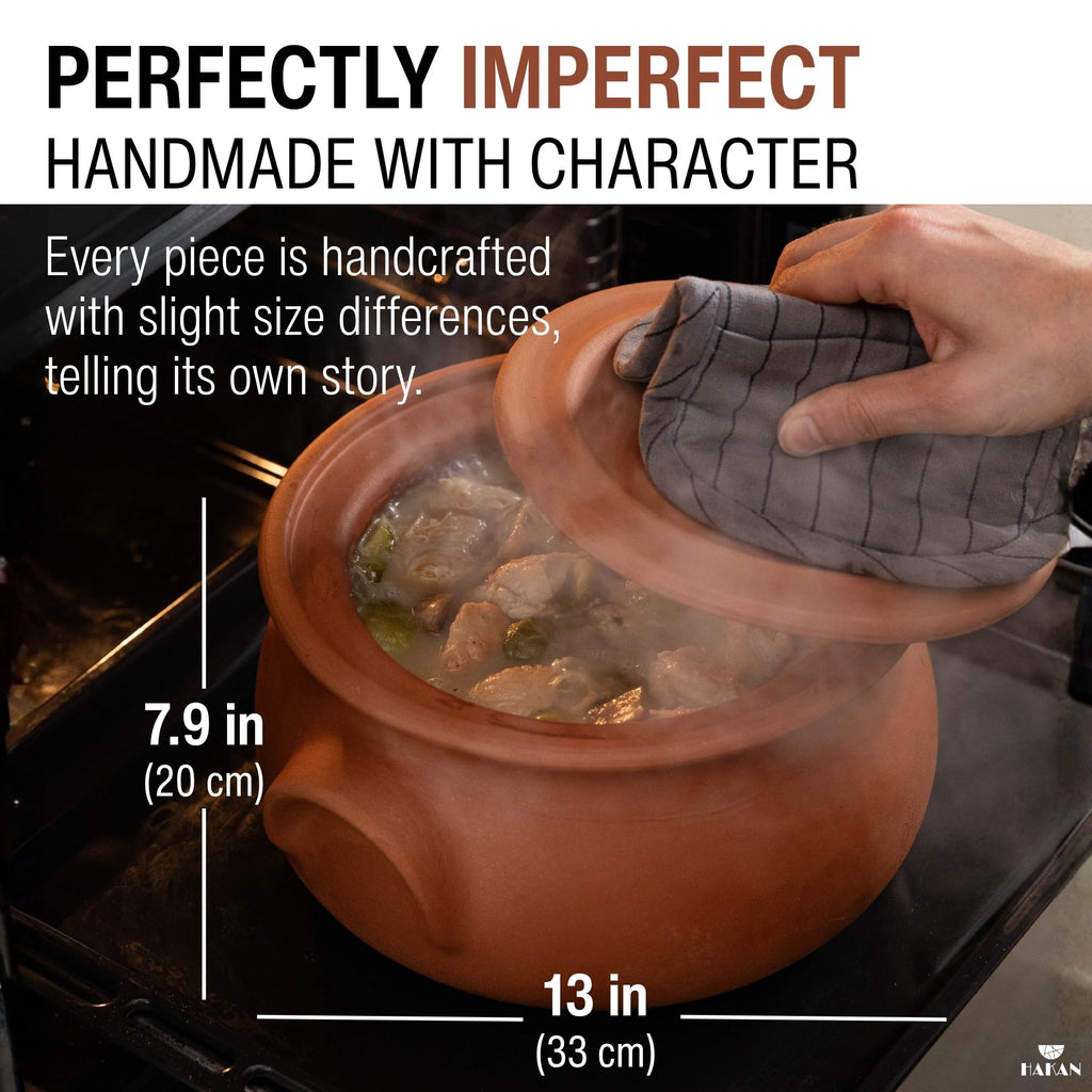 Suphan Handmade 7.6-Quart Large Clay Cooking Pot with Lid, Natural Unglazed Cookware, Terracotta Cazuela, Casserole