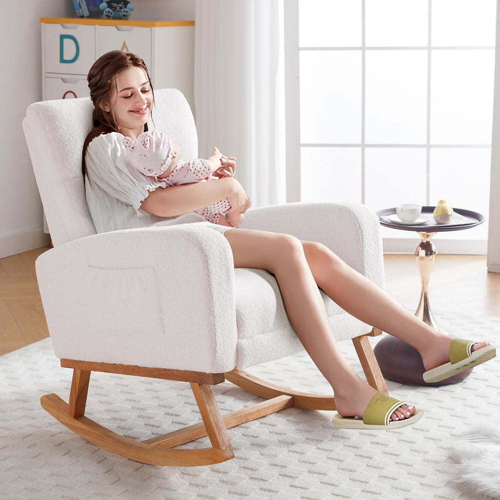 Rocking Chair Nursery with Foot Rest, Nursing Rocking Chairs for Mom Nursery, Teddy Rocker Glider with High Backrest
