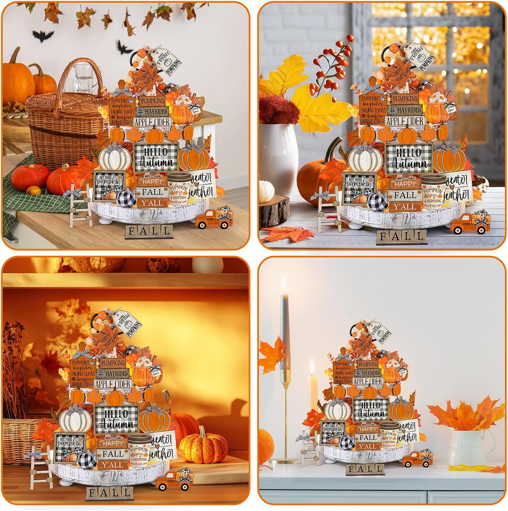Fall Tiered Tray Decor Set Hello Autumn Table Sign Thanksgiving Farmhouse Pumpkins Maple Leaves Table - Set of 21