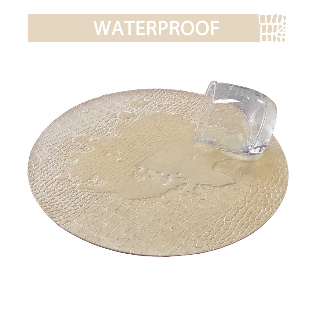 Round Leather Placemats for Round Tables Set of 6, Beige Place Mats and Coasters, Wipeable Waterproof Heat Resistant