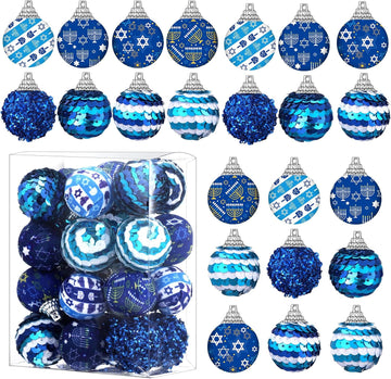 Hanukkah Ball Ornaments Blue White for Tree Party Decor - Set of 24