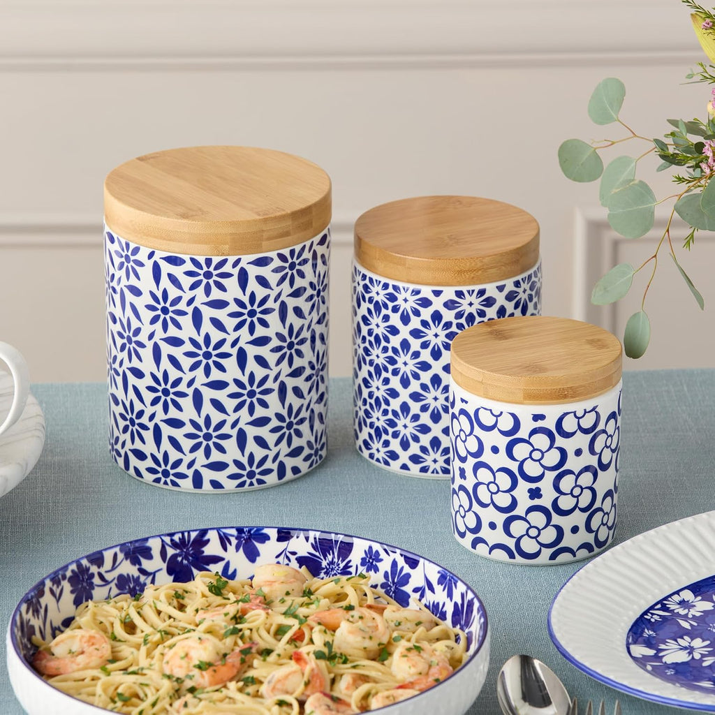 Madison Canister Set - Premium Porcelain with Bamboo Lids, Blue and White Patterns - Large 96 oz, Medium 80 oz - Set of 3