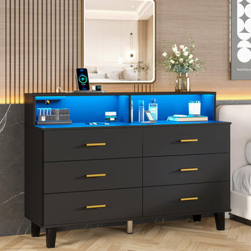 6 Drawers Dresser with LED Light and Power Outlet, Wood Black Dressers & Chests of Drawers, Large Double Dressers