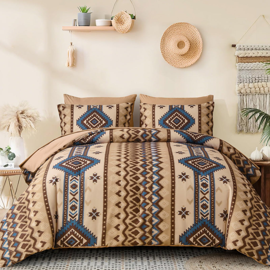 Queen Size Brown Comforter Set, 7 Pieces Boho Aztec Bed in a Bag, All-Season Bedding Set with Sheets & Pillow Shams