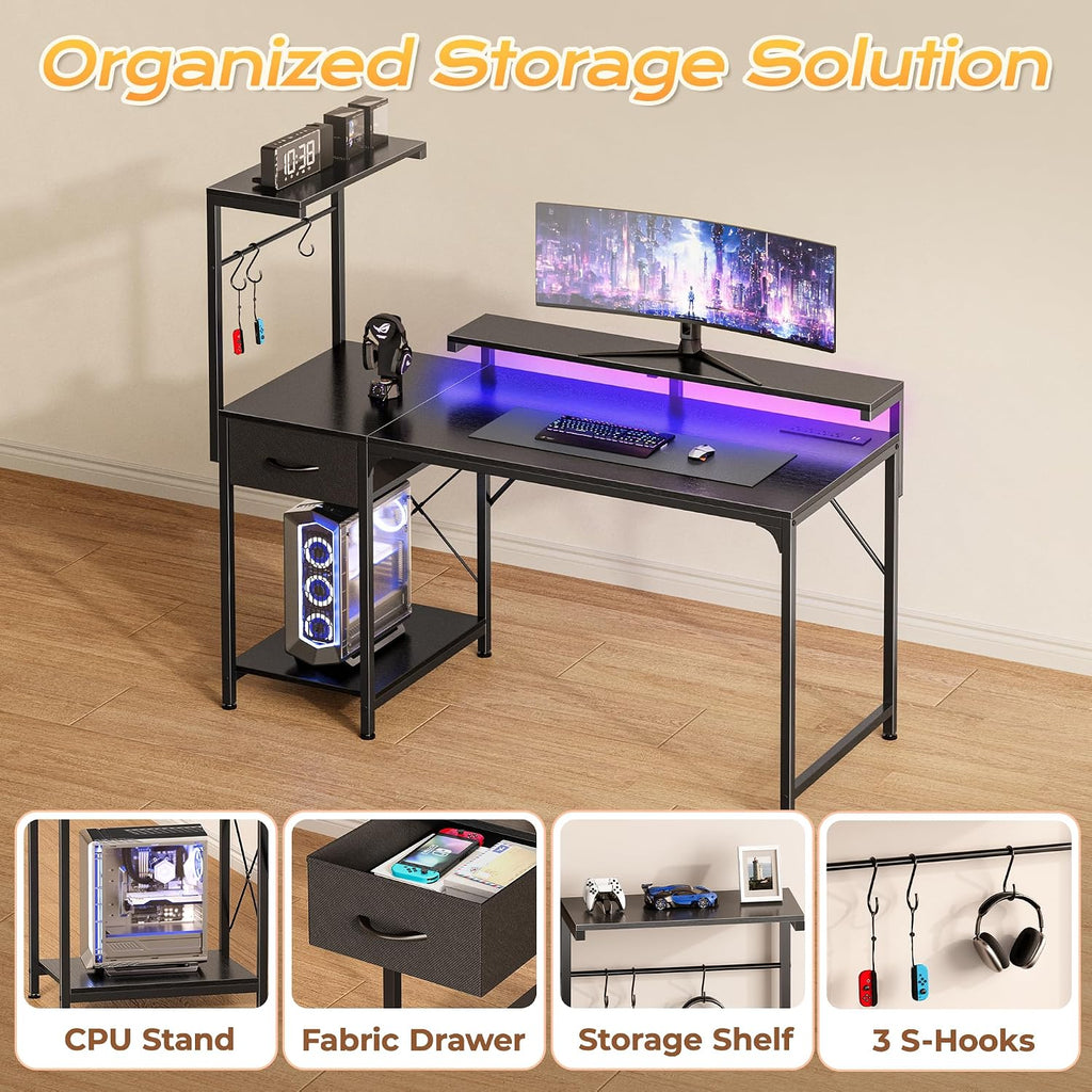 47.2 Inch Gaming Desk with LED Lights & Power Outlets | Computer Desk with Drawer & Storage Shelves, Office Writing