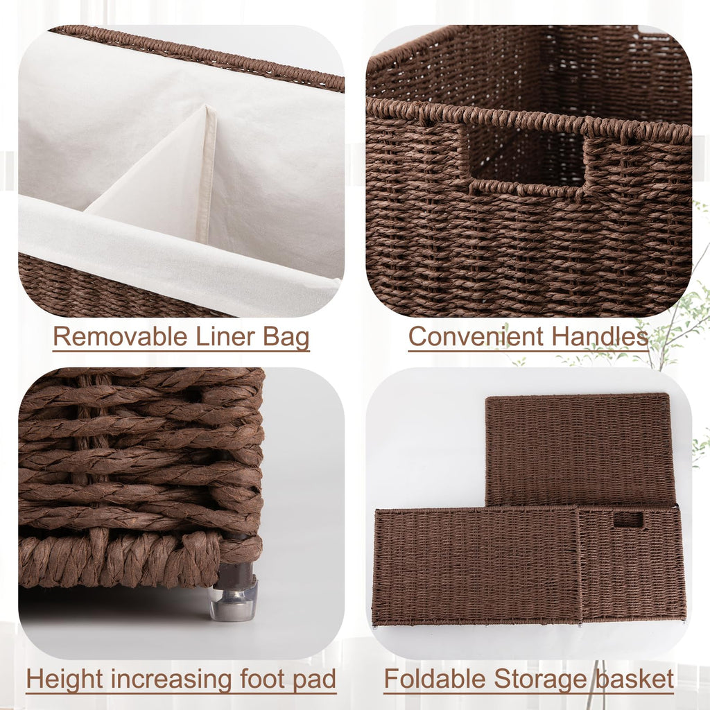 Storage Basket with Lid, 27.7 Gallon (105L) Blanket Basket with Removable Separated Liner Bag, Paper Rope Hamper with
