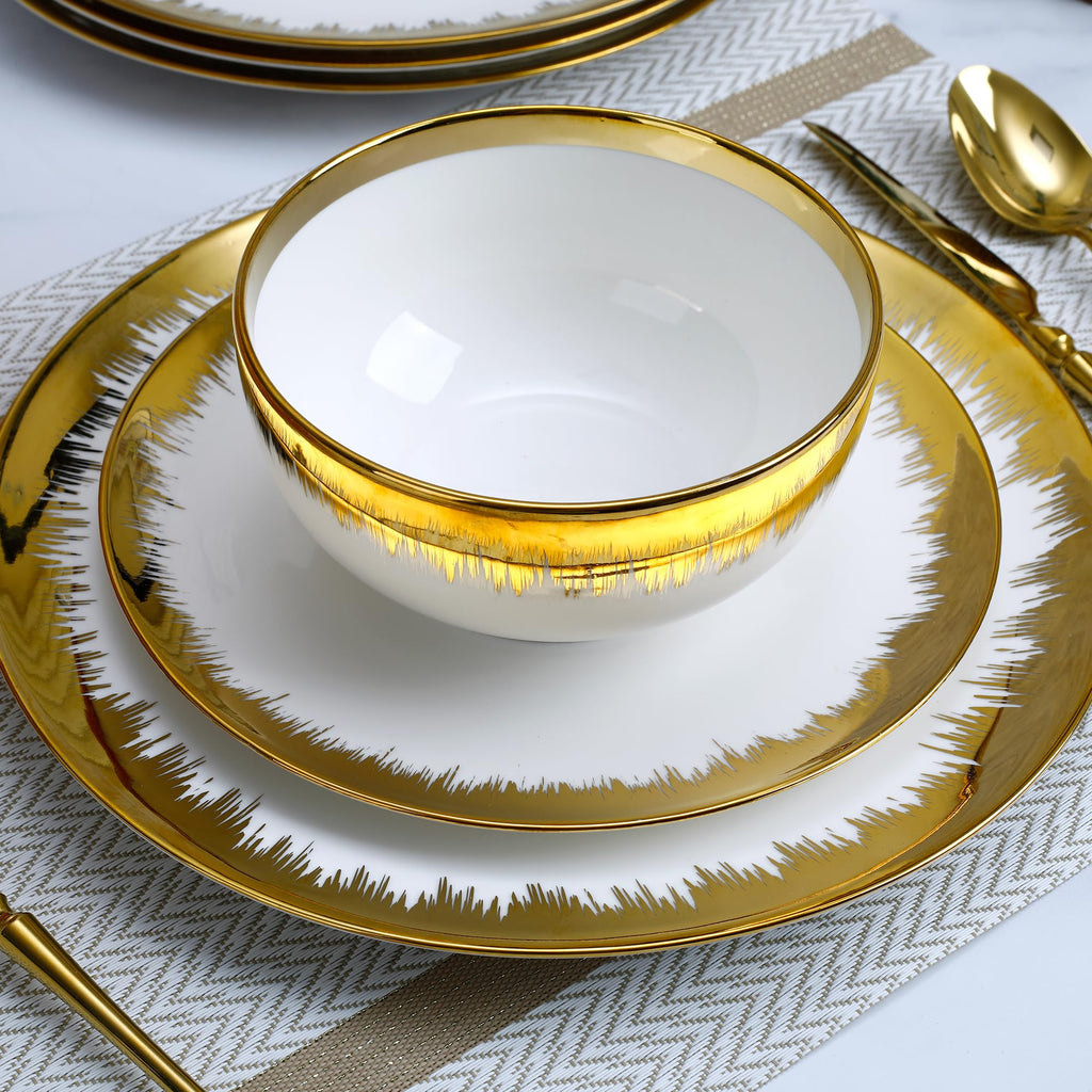 12-Piece Porcelain Dinnerware Set for 4, Luxury White Dish Set with Hand-Painted Gold Trim, Flat Plate Design for