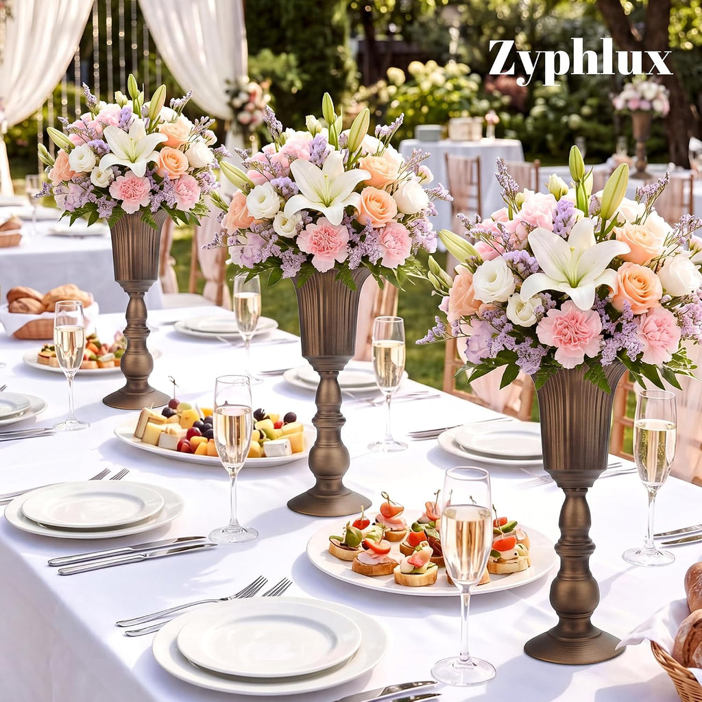 Antique Bronze Tall Trumpet Vases Centerpieces for Tables, 4 Pcs | 12.7in Vintage Metal Flower Stand, One-Piece No