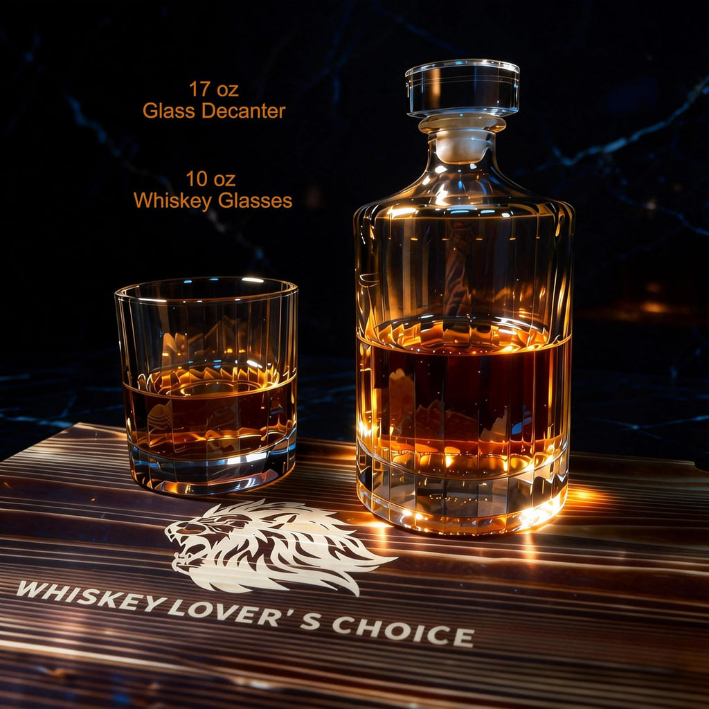 17-Piece Whiskey Decanter Set, 17oz Lead-Free Crystal with Flat Panel for Labels, 2 Glasses, 9 Granite Stones - Set of 16