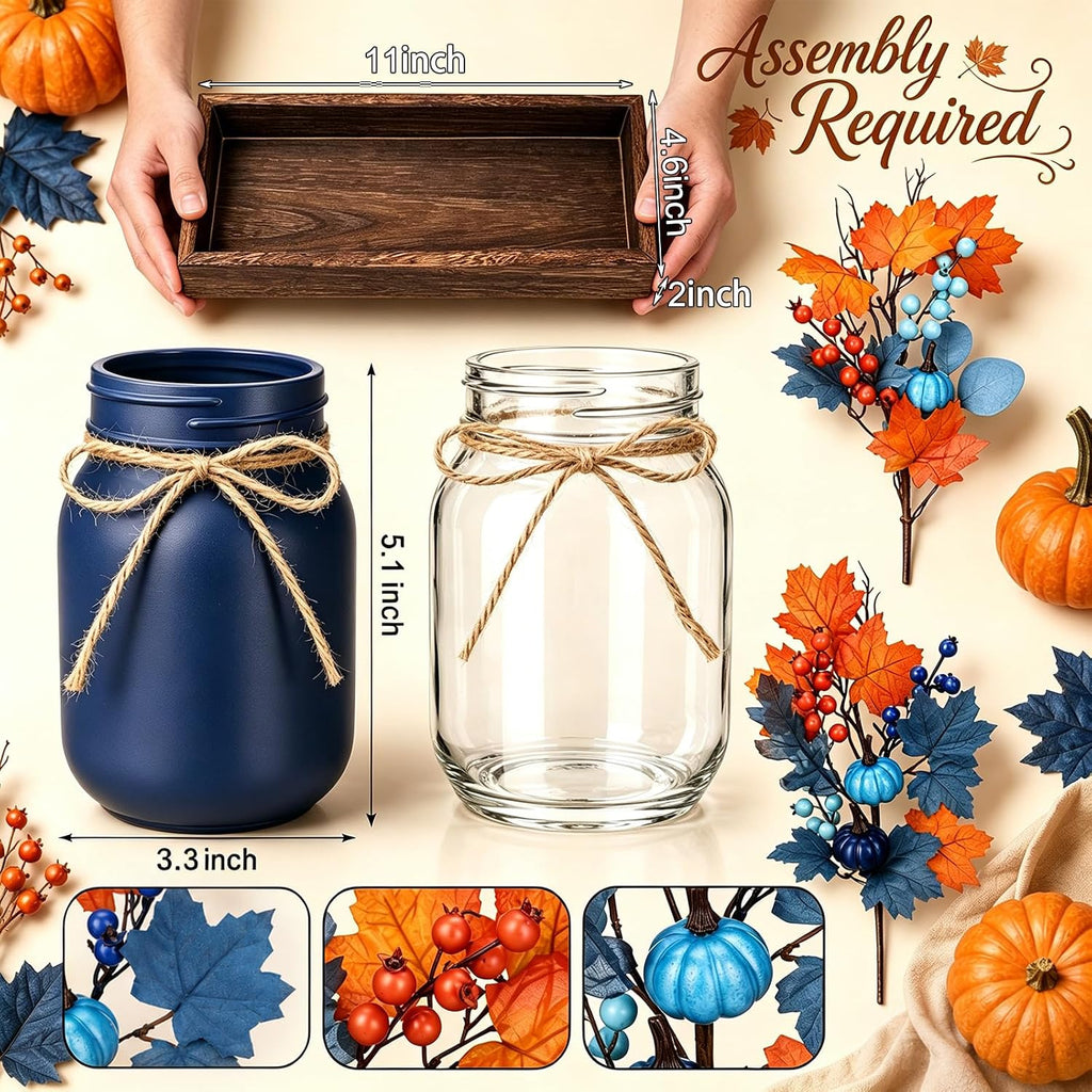 Navy Blue and Burnt Orange Fall Mason Jar Centerpiece - Set of 3