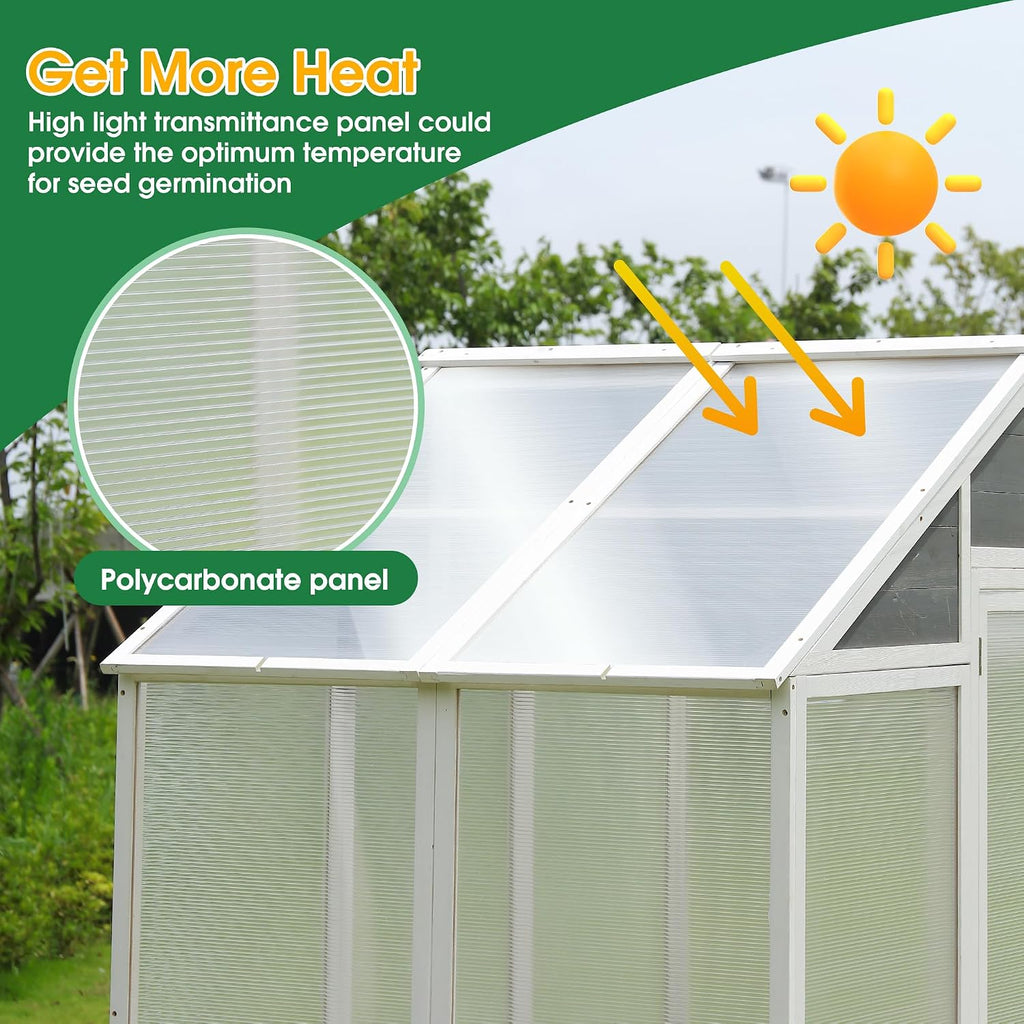 Wooden Greenhouse for Outdoors, Large Polycarbonate Greenhouse with Wooden Base, Lockable Door & 2 Shelves, Heavy