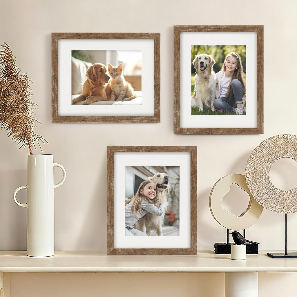8x10 Picture Frames with 6x8 Mat Set of 6, Rustic Brown | Wood Grain Design, Wall Mounting or Tabletop Display, for