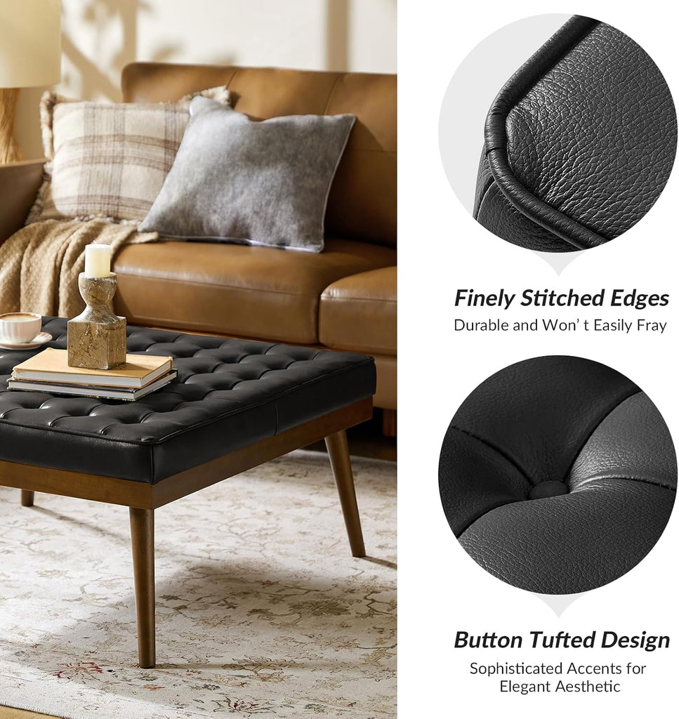 36" Genuine Leather Square Tufted Ottoman Coffee Table, Black | Button Tufted Style, Solid Wooden Flared Legs
