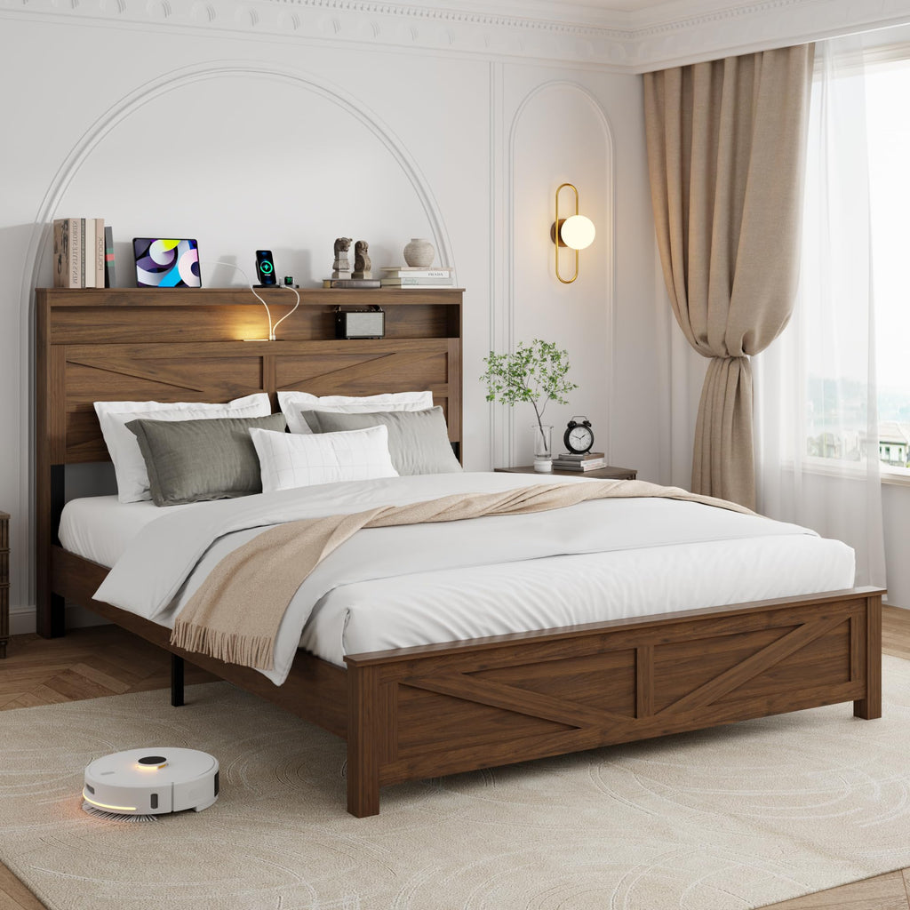 Bed Frame with Headboard, Rustic Farmhouse Wood Bed Frame with LED Lights and Charging Station, Easy