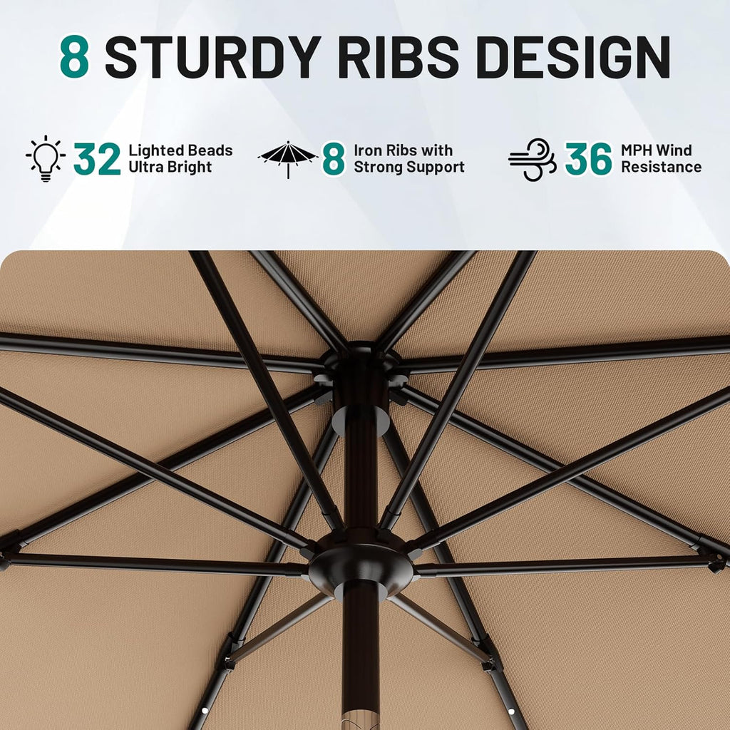 9FT Patio Umbrella with Solar Lights, 32 Lighted Pool Umbrella w/Tilt and Crank