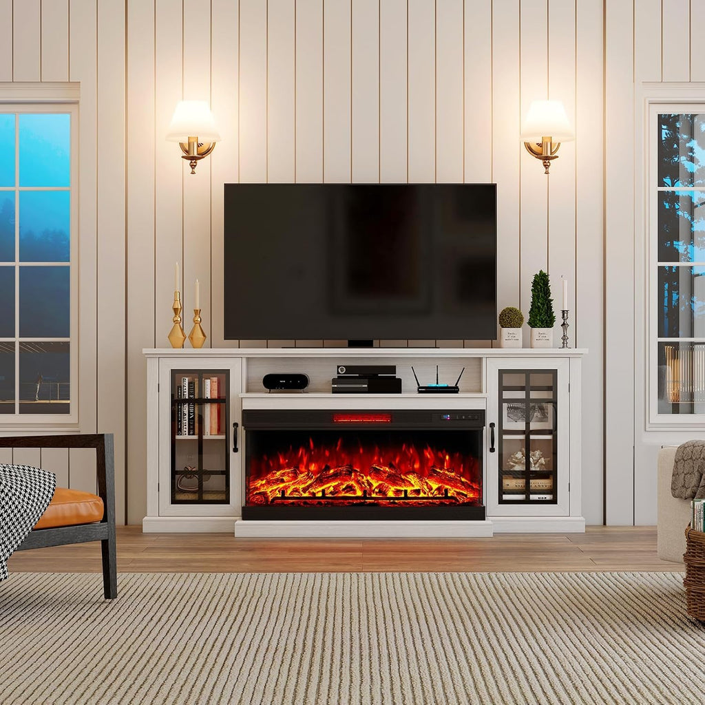 75in 3-Sided Glass Fireplace TV Stand for TVs up to 85", Rustic Fireplace Media Entertainment Center Console Table