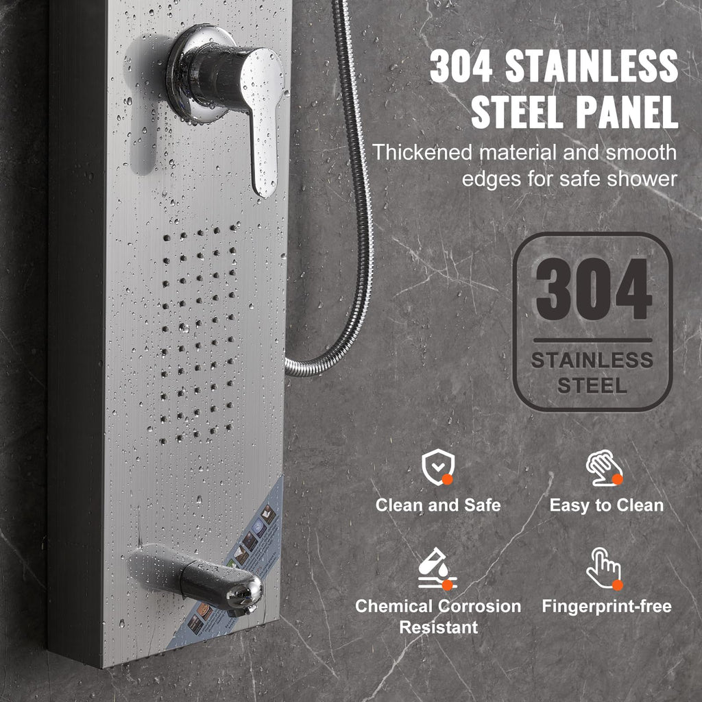 Shower Panel System, 5 Shower Modes, LED Shower Panel Tower, Rainfall, Waterfall, 2 Body Massage Jets, Tub Spout