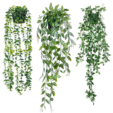 Fake Hanging Plants 3 Pack Artificial Eucalyptus Fake Potted Greenery Faux Eucalyptus Mandala Vine Pea Pod Indoor