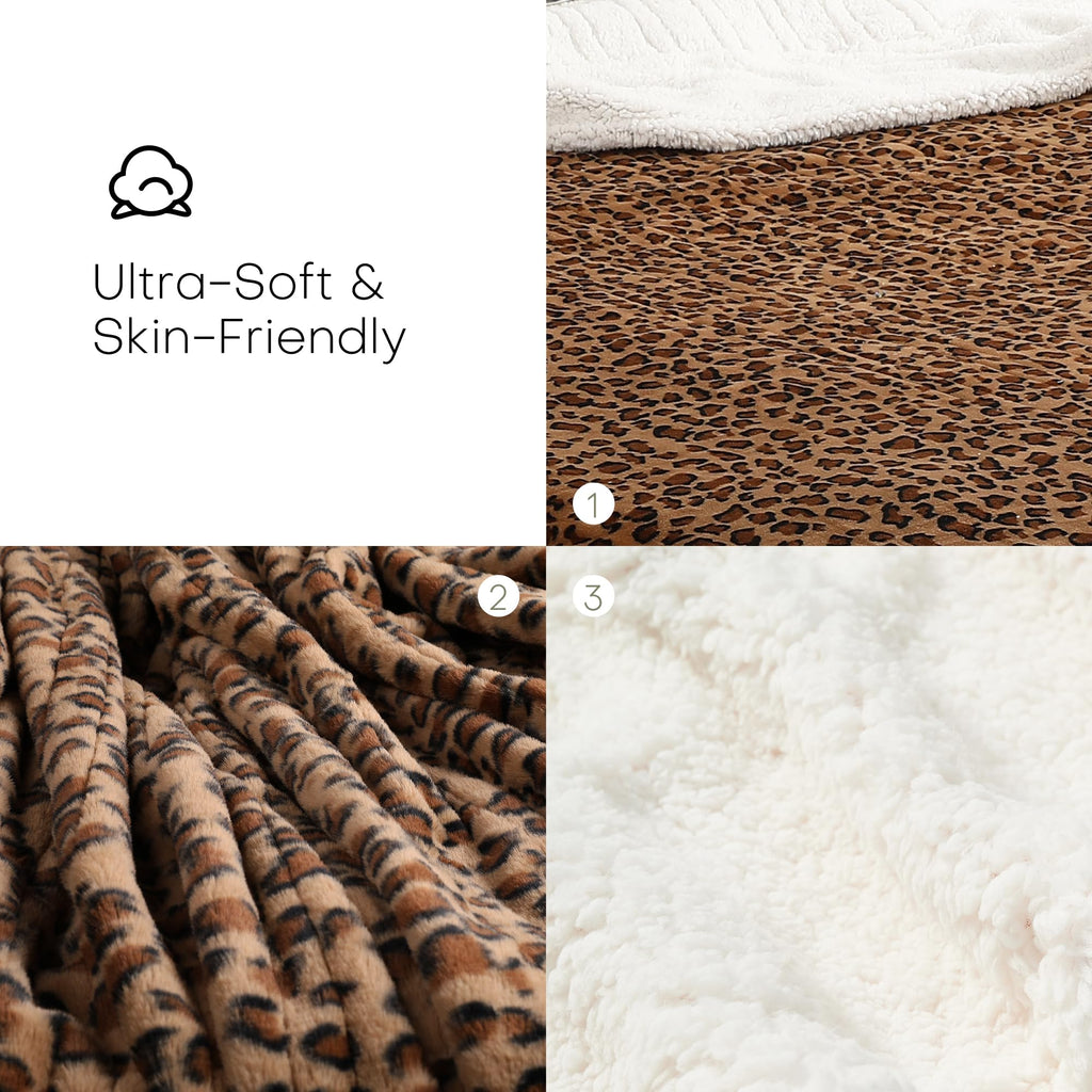 Electric Heated Blanket, Flannel and Sherpa, 72x84in, Leopard Print, Gift