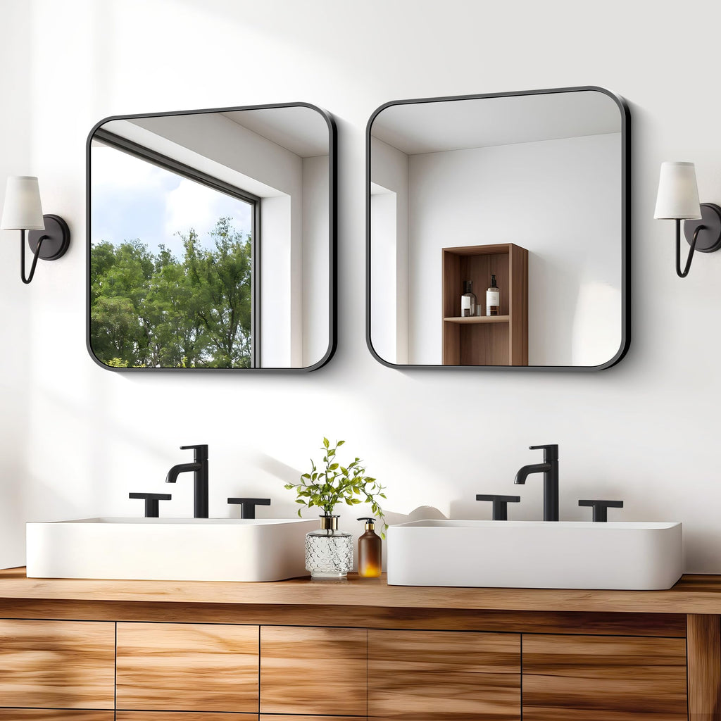 Black Bathroom Mirror, 18 x 18 inch Square Mirrors for Wall, Metal Frame Rounded Corner Vanity Mirror for Over Sinks