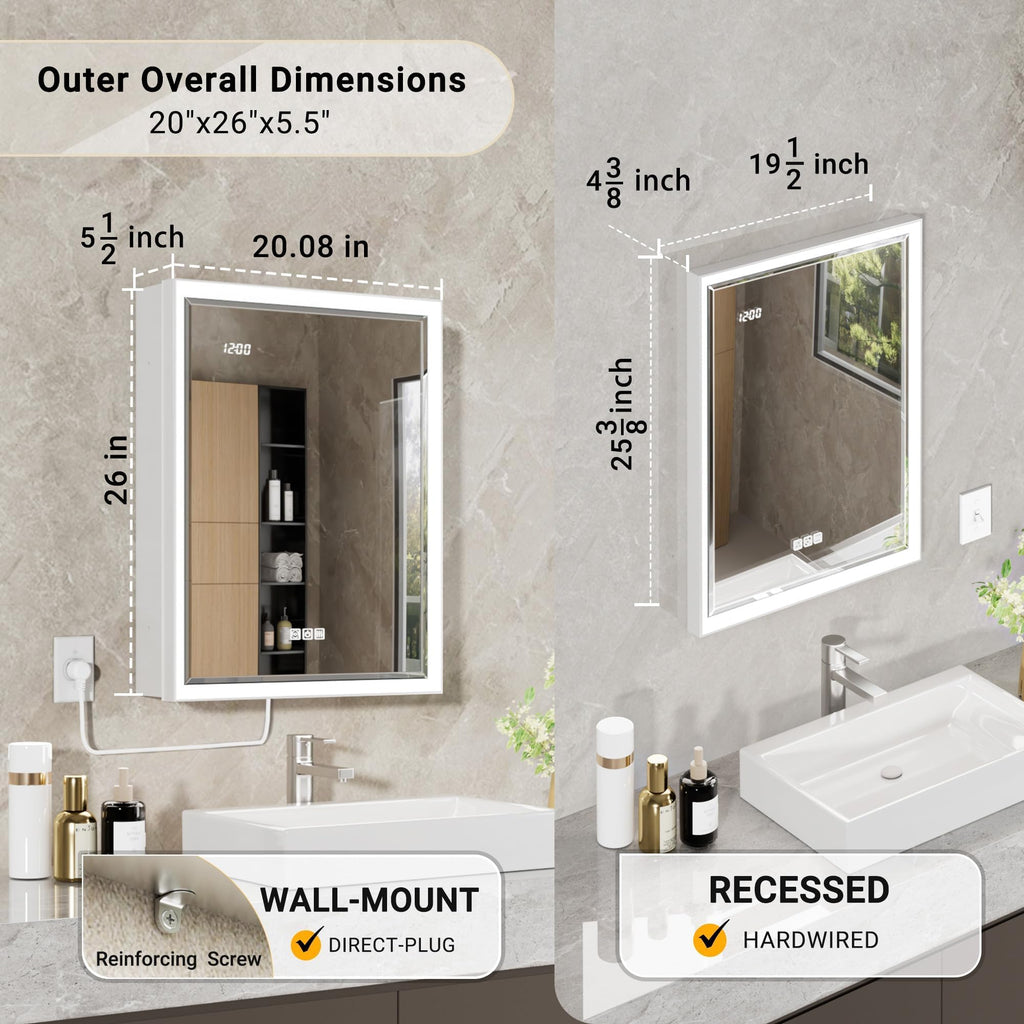 Beveled Lighted Medicine Cabinet with Mirror & Lights -20x26 Surface or Recessed Mirrored Medicine Cabinet with
