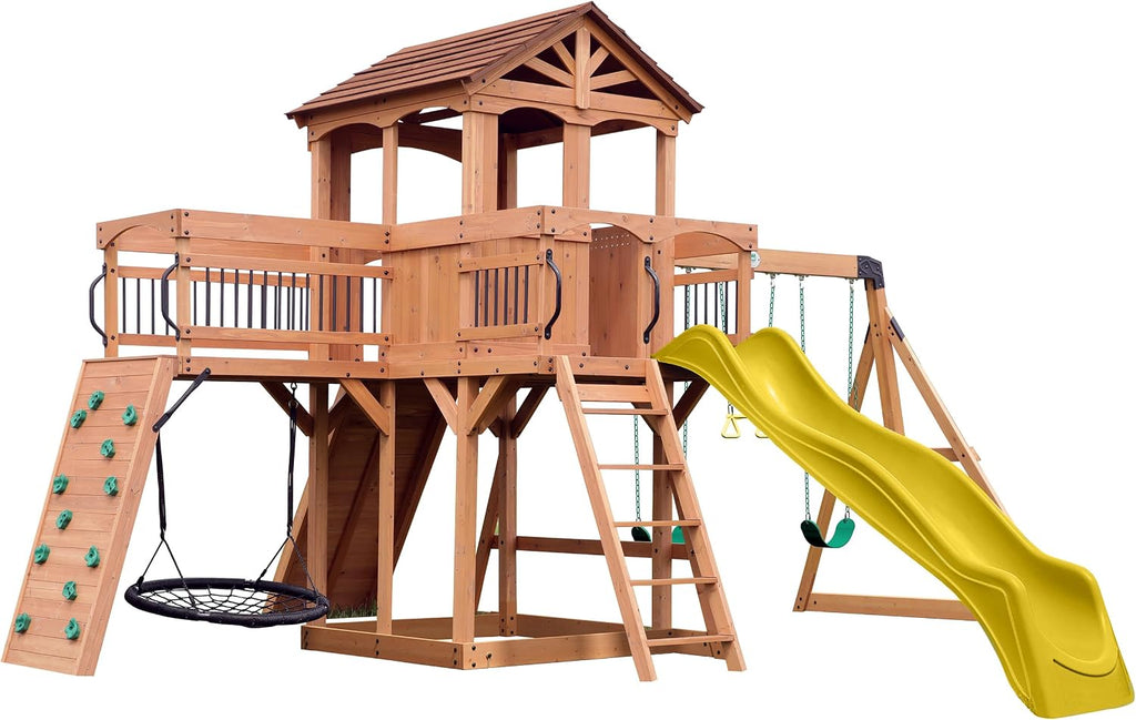 Sterling Point Cedar Wood Swing Set with Wave Slide, Raised Clubhouse, Wooden Bridge, Rock Wall, Belt Swings, Web