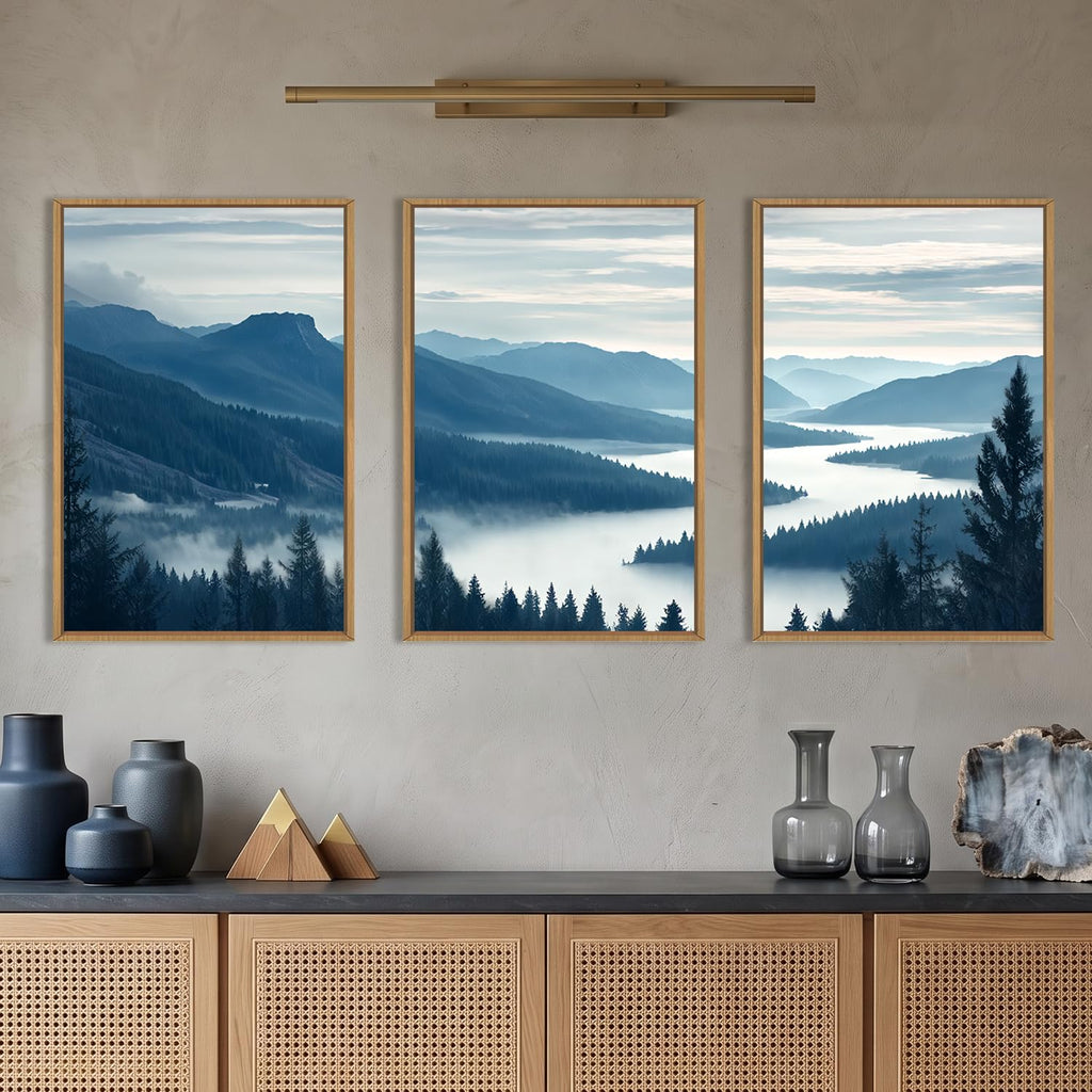 Large Pine Tree Mountain River Framed Canvas Wall Art Set-16"x24"x3