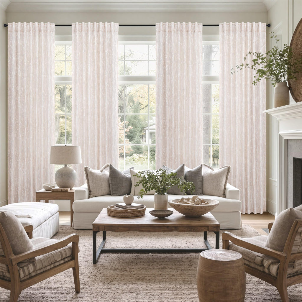 Light Beige Patterned Curtains 96 Inch Long Dining 2 Panels Back Tab Pocket Tree Botanical Design Toile Bold Room
