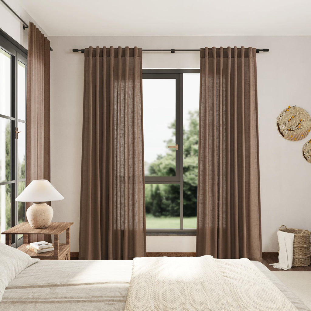 Caramel Brown Linen Curtains 84 Inches Long Back Tab Light Filtering Privacy Semi Sheer Drapes Modern Farmhouse Decor