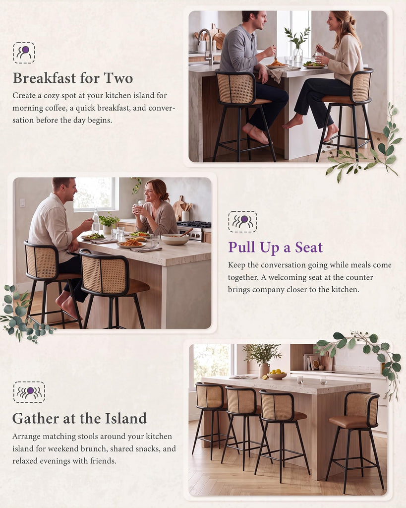 26" Swivel Rattan Bar Stools Set of 2, Counter Height Barstools, Brown