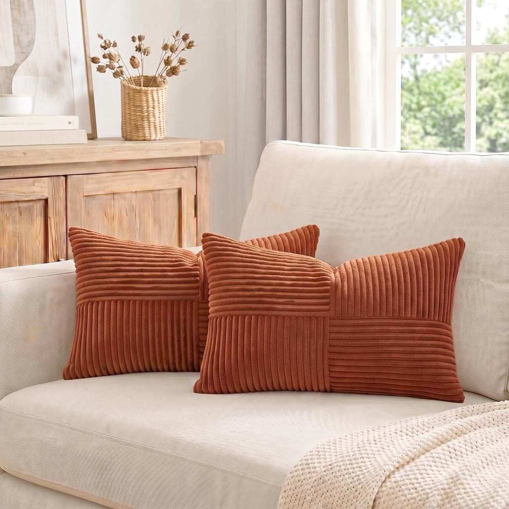 Rust Lumbar Decorative Throw Pillow Covers 16x28 Inch Couch Bed, Rustic Farmhouse Boho Home Decor, Soft Striped