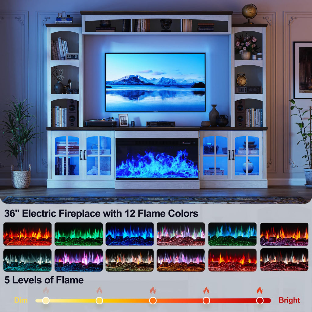 98" Farmhouse TV Stand with 36" Electric Fireplace, Bookshelves, Fits 75" TVs, Entertainment Center with Storage