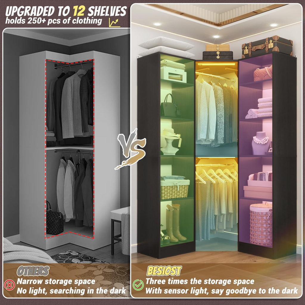 Corner Closet System with 2 Motion Sensor Lights, 39.2" Corner Closet Organizer with 12 Shelves, Closet Corner with 2