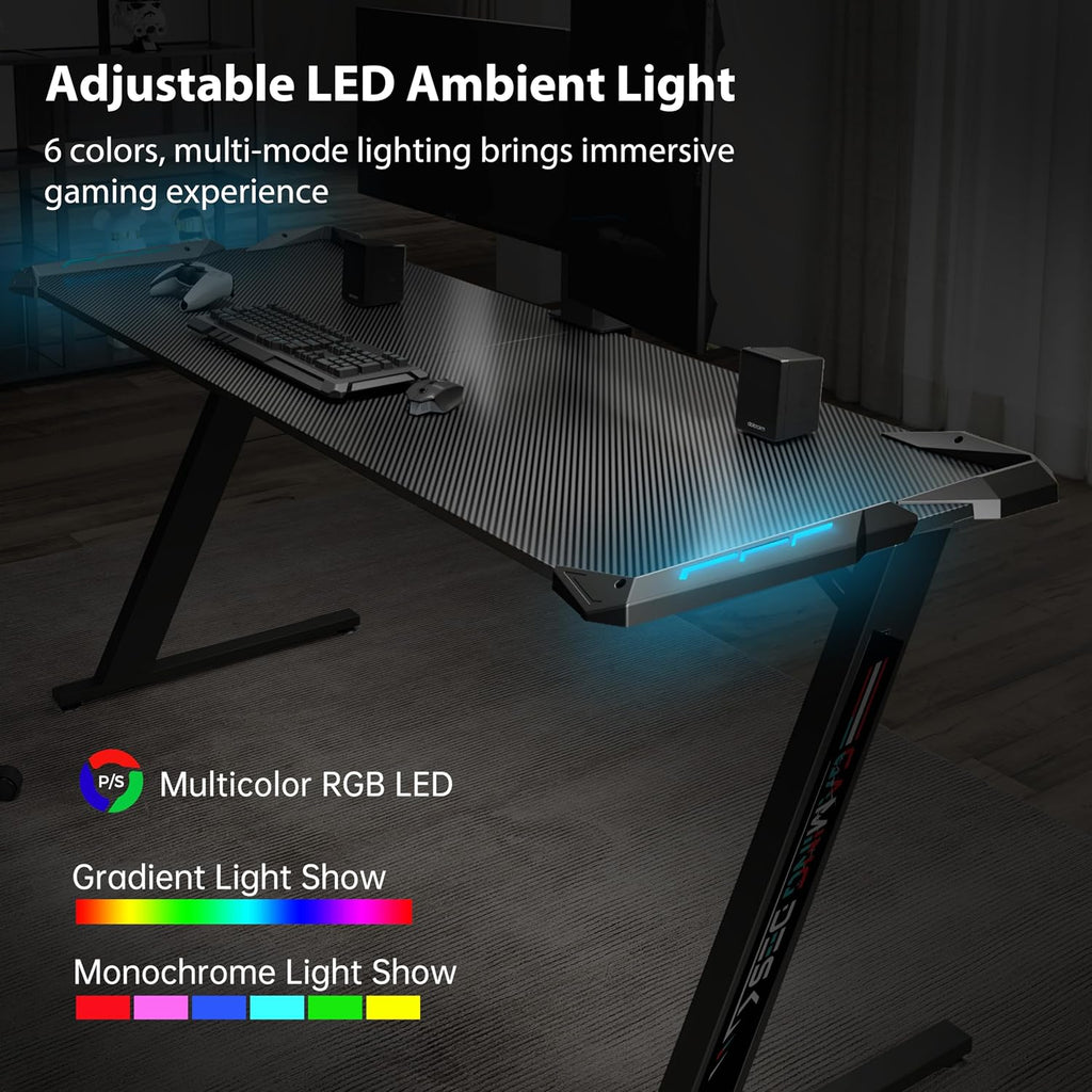 Gaming Desk with LED Lights Home Office RGB Table, Small Gaming Desk, Computer Table, Black