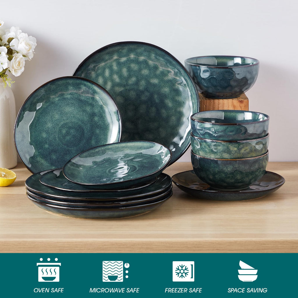 Starry 12 Pcs Dinnerware Set for 4, Handmade Reactive Glaze, Green