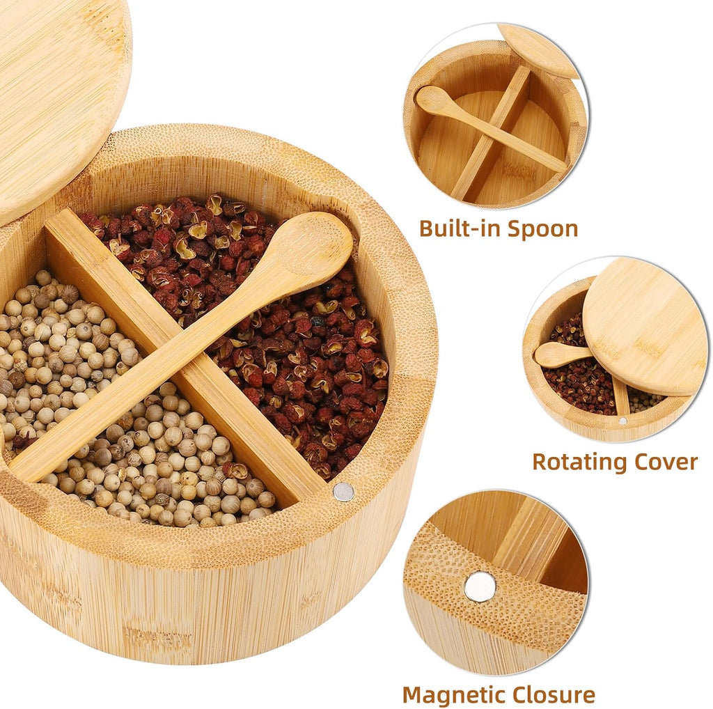 Natural bamboo Salt and Pepper Bowl, Bamboo Salt Cellar and Spices Storage Box With Built-in Spoon and Magnetic